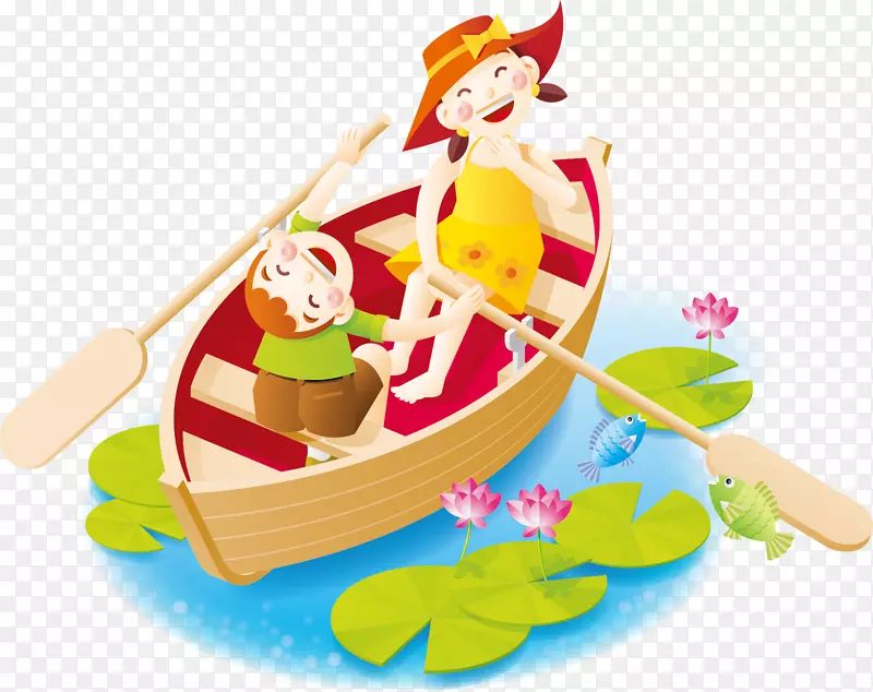 卡通标志插图-快乐的角色划艇