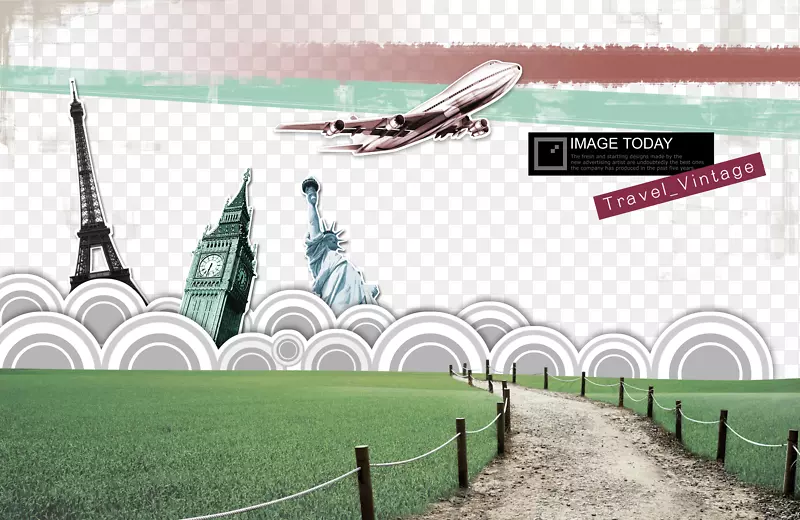 旅行海报建筑-手绘道路、飞机、自由女神像