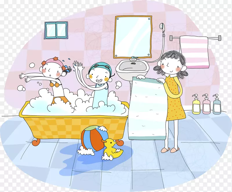 沐浴儿童插画-武术浴缸中的孩子们