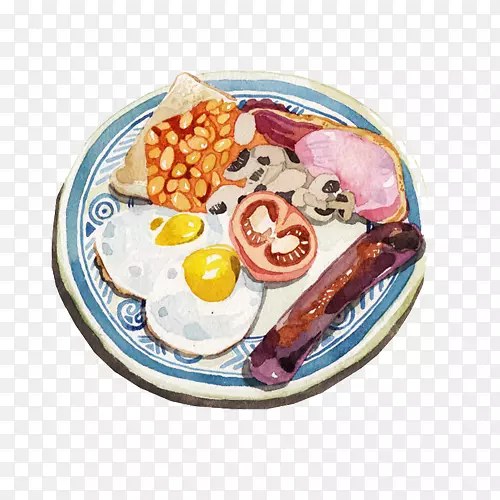 丰盛早餐，煎蛋早餐，香肠，肉饼.有营养的早餐加上手绘材料图片