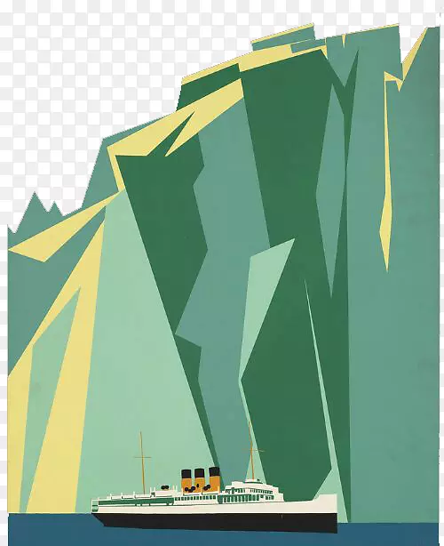 海报旅行、平面设计、版画艺术.冰山游轮和帆船