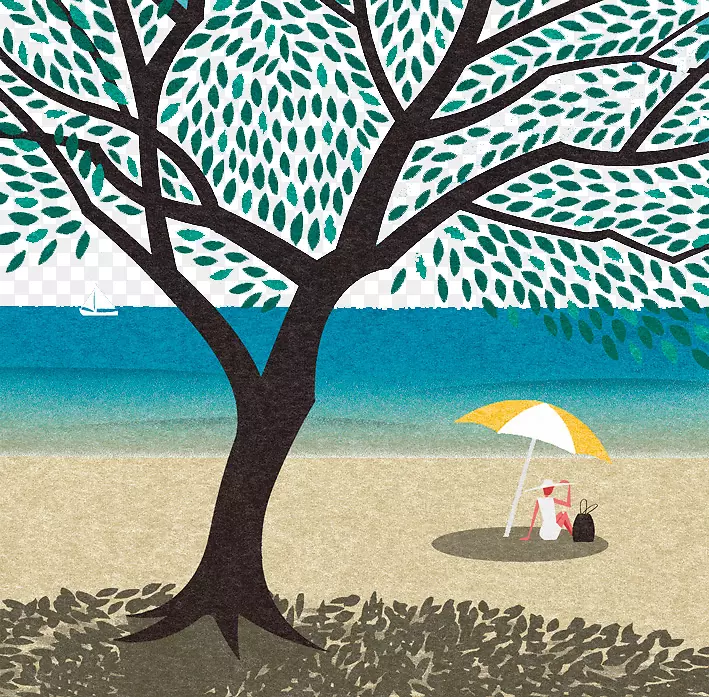 插图-手绘树木海洋海滩