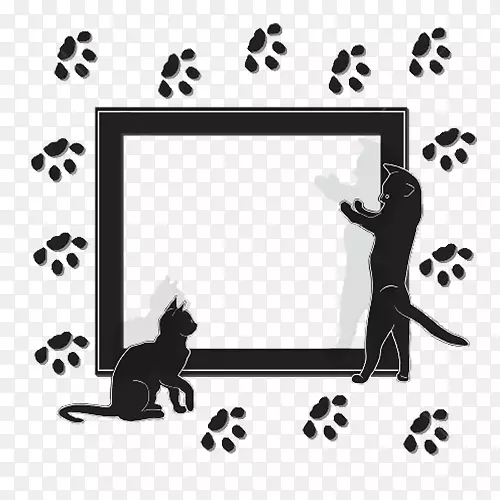 达尔马提亚狗黑猫黑白画-卡通，黑猫，脚印和盒子