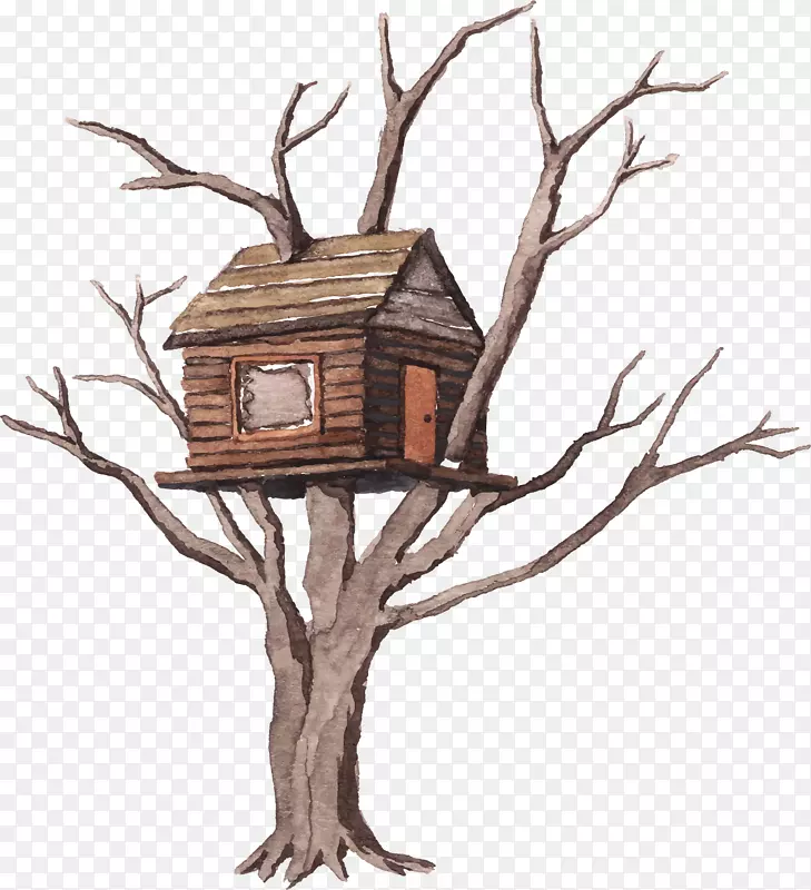 树水彩画插图-建筑木屋