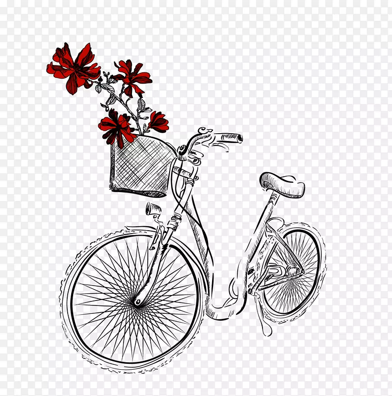 自行车车轮沙滩玫瑰插图手绘玫瑰自行车