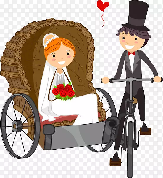 婚礼邀请新娘剪贴画-新郎和新娘骑着一辆人力车