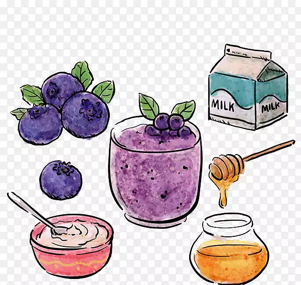 奶昔松饼蓝莓奶蜂蜜和蓝莓熊果素平手画