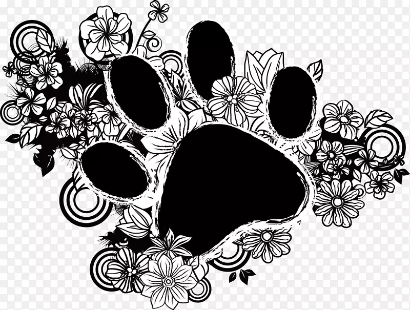 猫食狗.卡通手绘花和猫脚印
