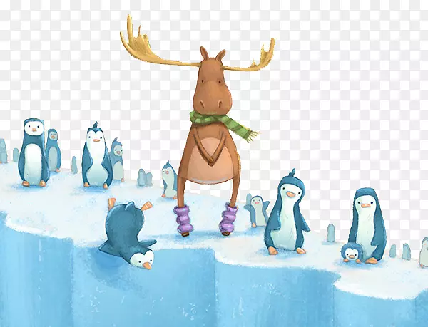 企鹅南极卡通插图-南极企鹅驯鹿画