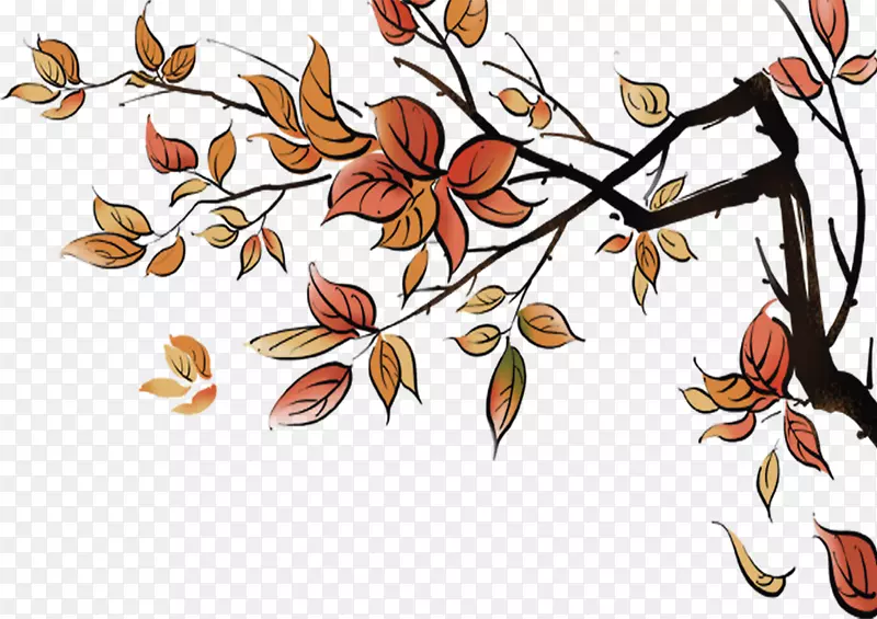 文学-卡通黄秋叶和树枝