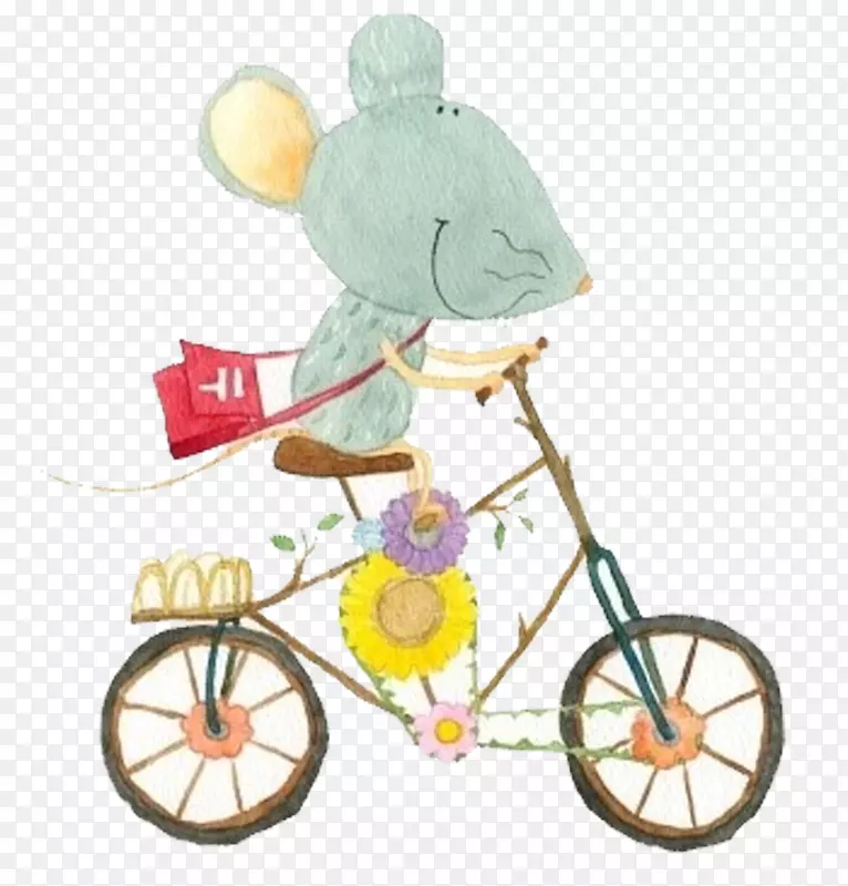 自行车道路自行车车架海报手绘卡通鼠标骑自行车