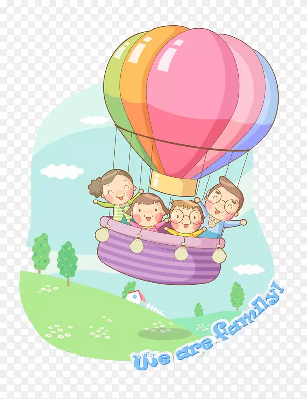 家庭卡通插图-卡通热气球回家