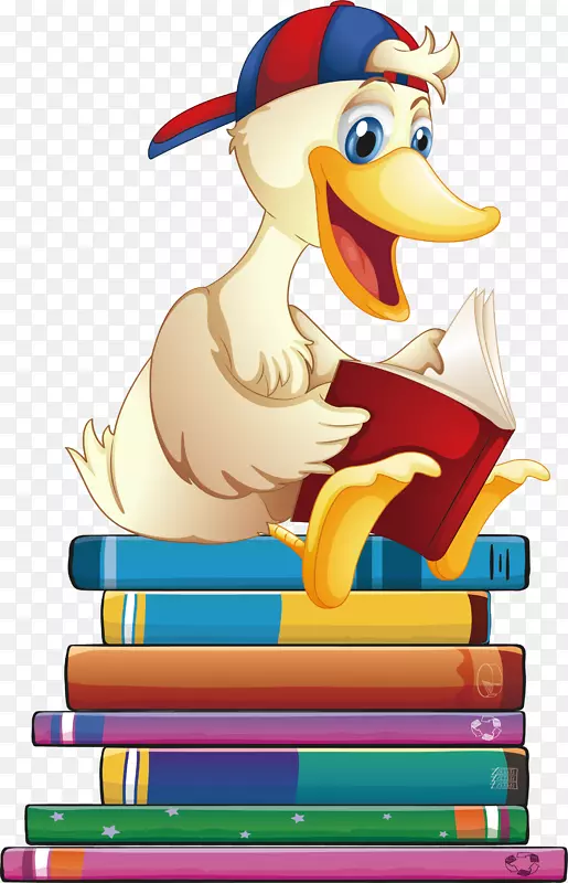 卡通片摄影插图-一只坐在书上的鸭子