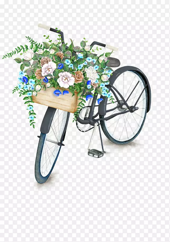 自行车水彩画花卉摄影插图-HD文学复古花填充自行车