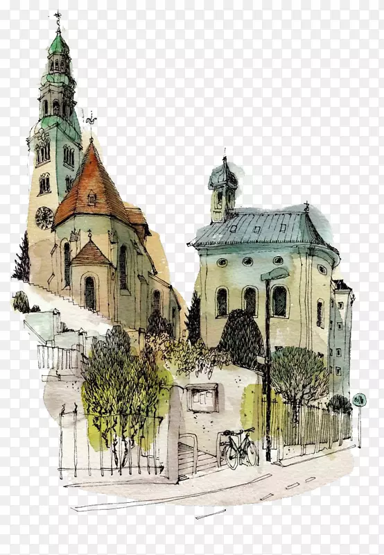纸水彩画城市素描写生手绘欧美城镇房屋