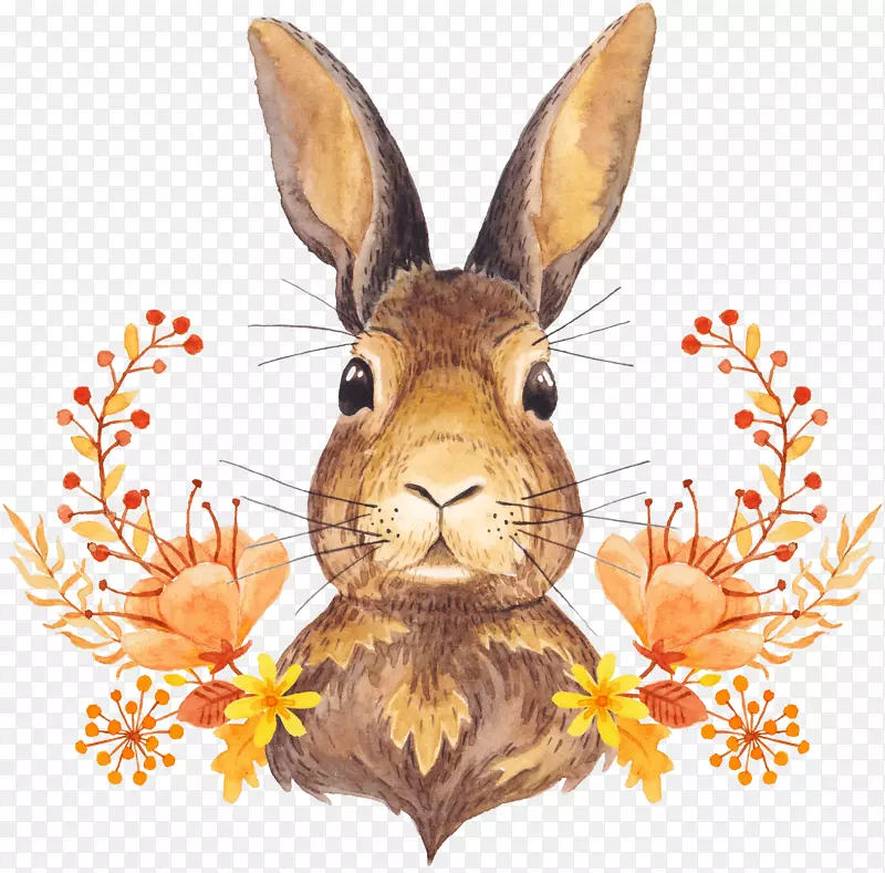 秋叶色水彩画插图-可爱的小兔子在花丛中