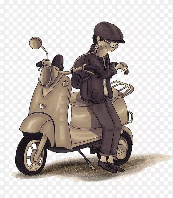 卡通水彩画插图-卡通摩托车