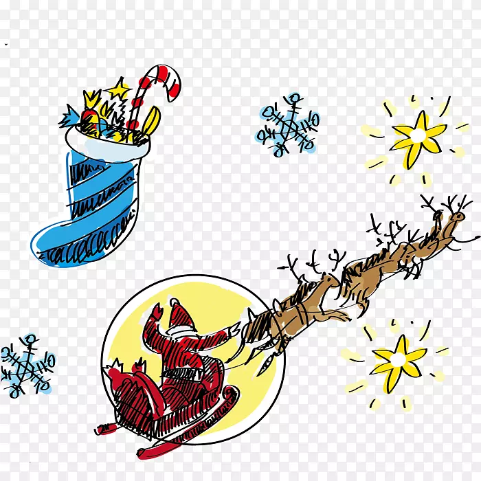 圣诞老人圣诞树画手绘圣诞老人麋鹿背和袜子