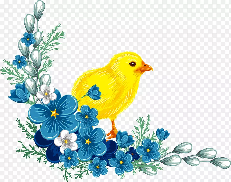 蓝花剪贴画.黄色小鸡蓝色手绘花