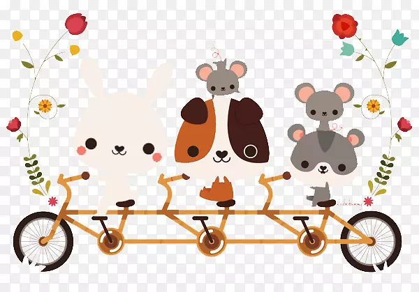 插画-兔子卡通小狗骑自行车