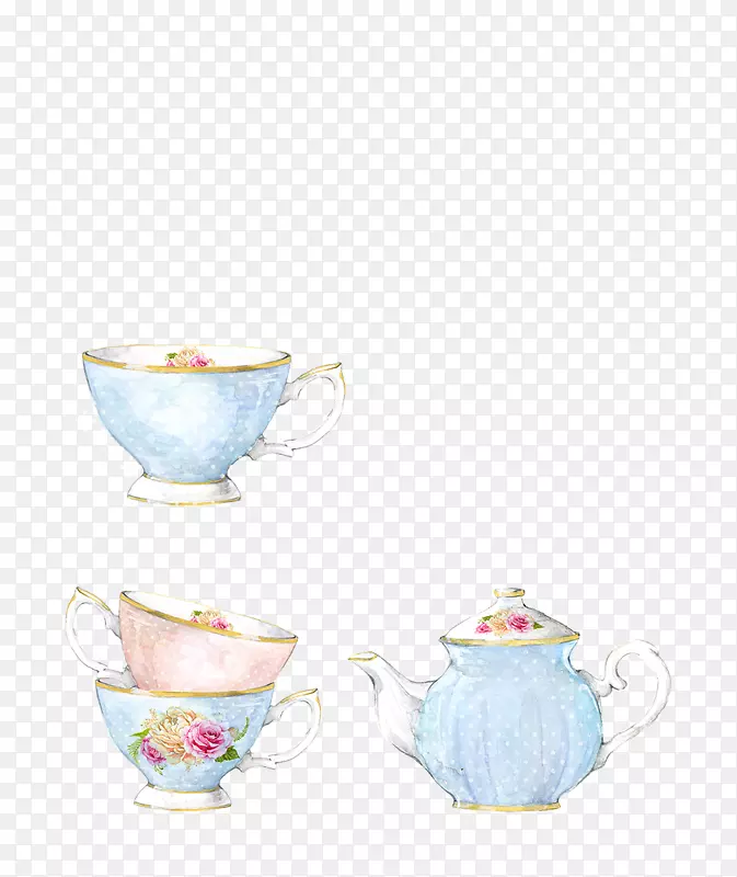 水彩画茶壶夹艺术-茶，花茶，复古