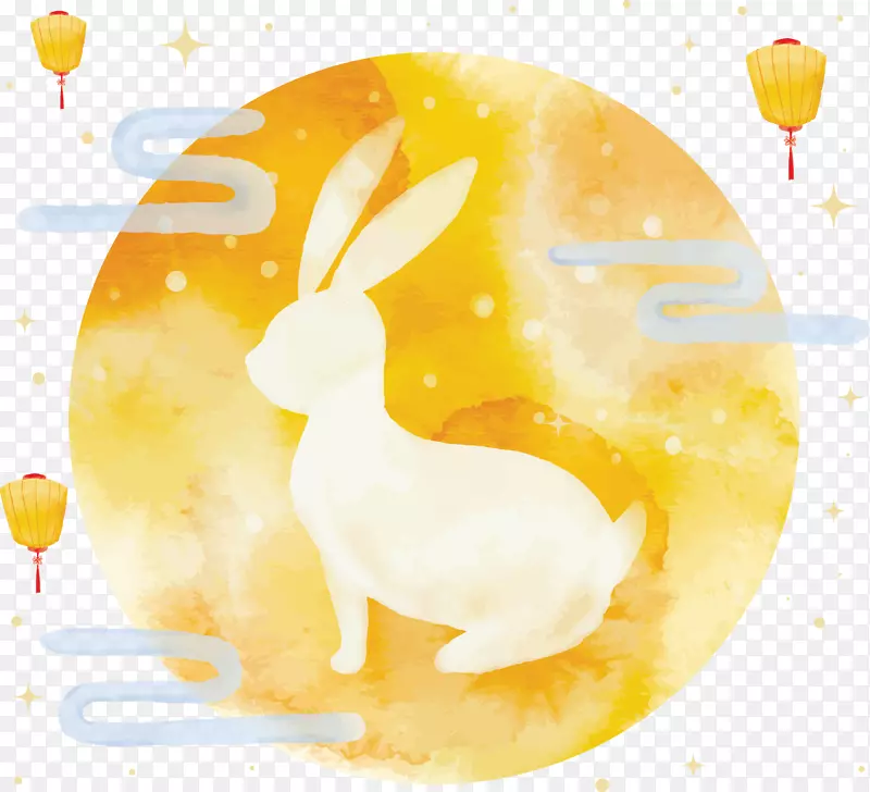 中秋节月兔海报插图-水彩手绘兔与月亮
