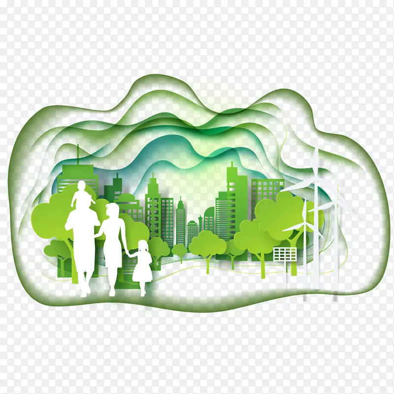 绿色可持续城市生态-绿色生态城市与家庭剪影载体