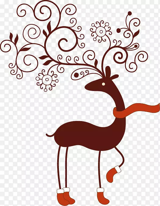 圣诞老人驯鹿圣诞卡手绘花藤花纹鹿