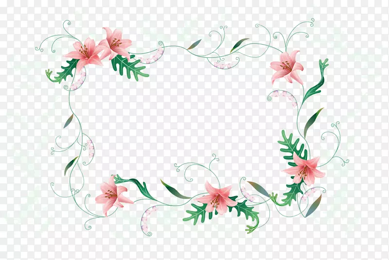 秘密花园：一个墨水的寻宝和着色书生日安西卡的花卡通粉红色百合植物装饰边框。