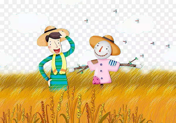 卡通农民稻田稻谷插画-农民和小麦