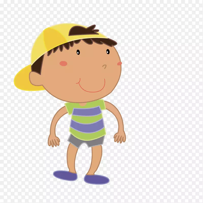 卡通免版税儿童插图.画黄色帽子绿色条纹衬衫男孩