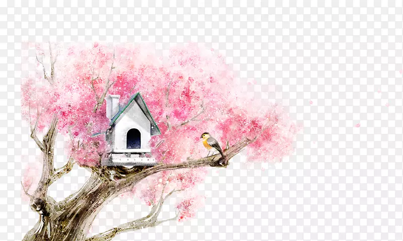 水彩画福基卡通山水画插图手绘樱桃树