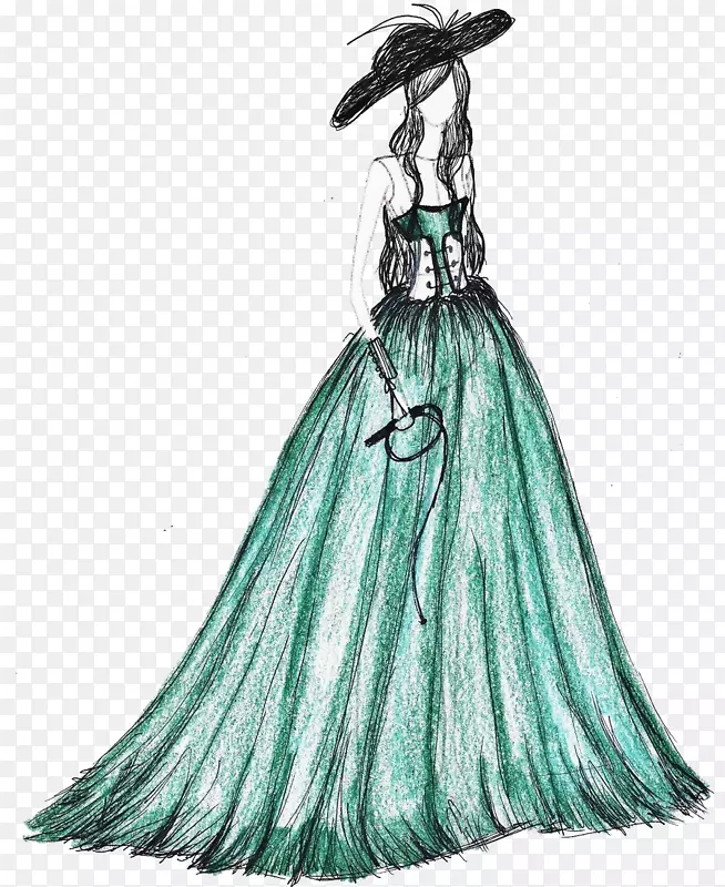 素描正式服装时尚婚纱插图-手绘欧洲女皇