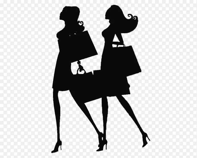 动画剪影女性时尚绘画-两位女性在黑色剪影卡通创意