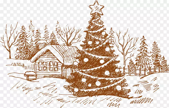 圣诞卡圣诞树绘图插图.手绘圣诞树房子图案