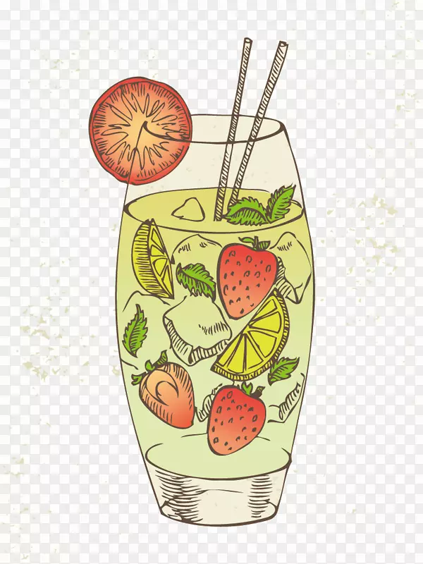 鸡尾酒绘画-免版画插图.手绘草莓柠檬饮料