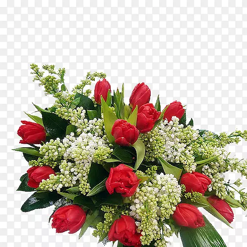 红玫瑰郁金香设计师-红色和绿色的花束