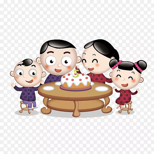 家庭生日卡通插画-吃蛋糕的家庭