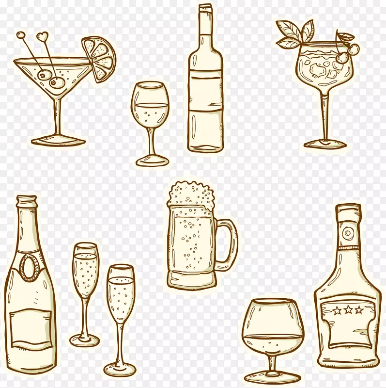 香槟啤酒白兰地酒瓶手绘玻璃瓶各种酒吧间元素
