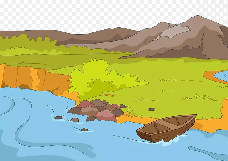 湖泊卡通摄影插图.手绘河岸小木船