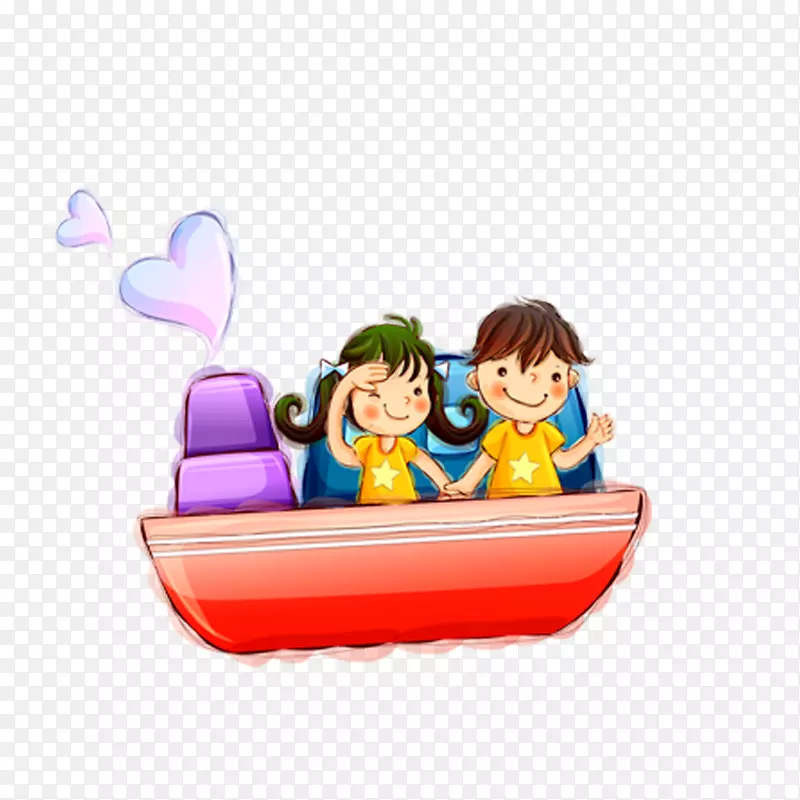 水上卡通儿童-两个孩子坐在船上玩