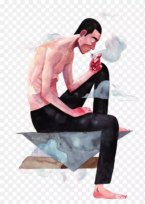 水彩画插图-吸烟男子