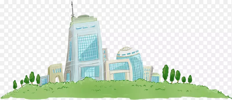 绿色-可爱的手绘树城建筑
