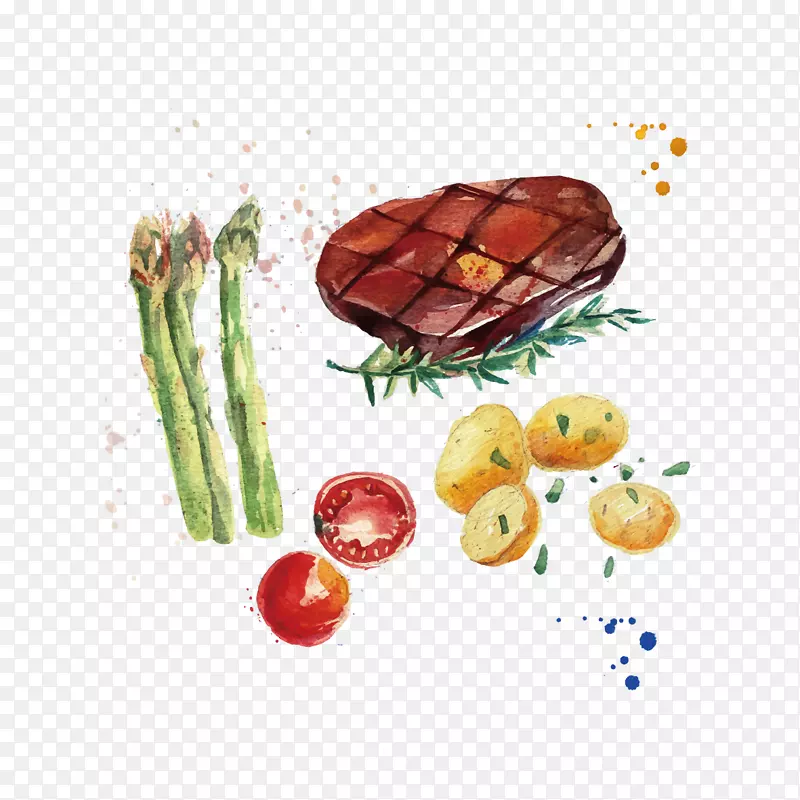 鸡肉、牛排、汉堡包、t骨牛排.水彩牛排和蔬菜