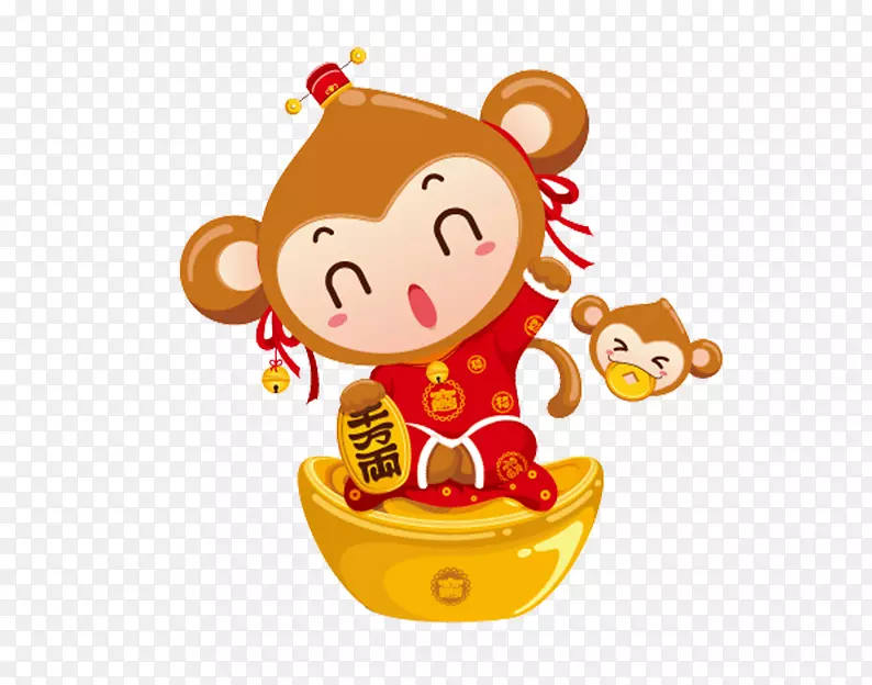 猴子卡通-猴子坐在金锭上