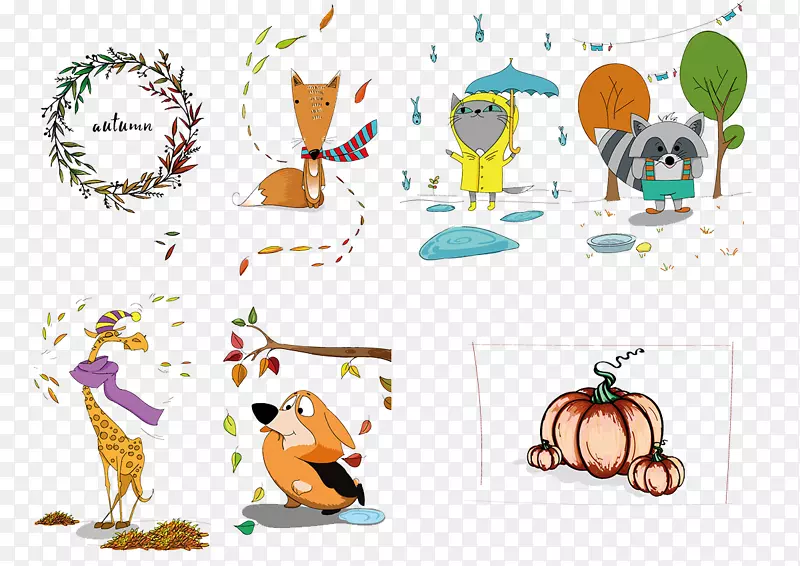 动物插图-可爱的动物秋季服装