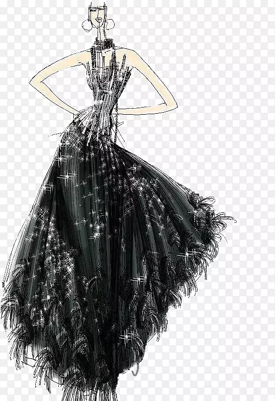服装设计师绘画插图-漆黑连衣裙