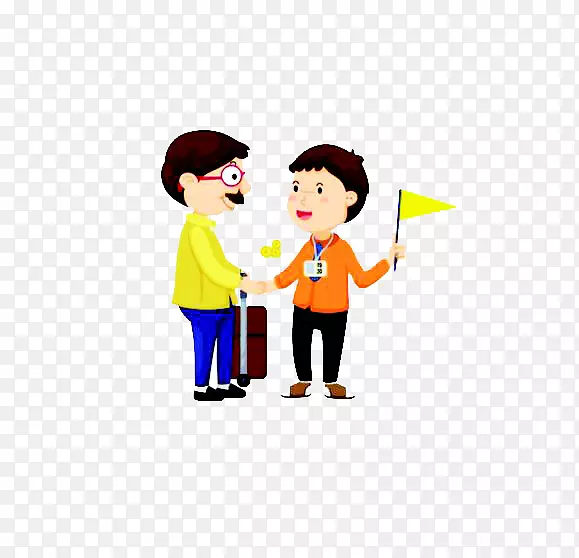 旅行团导游旅游插图.橙色服装导游和游客