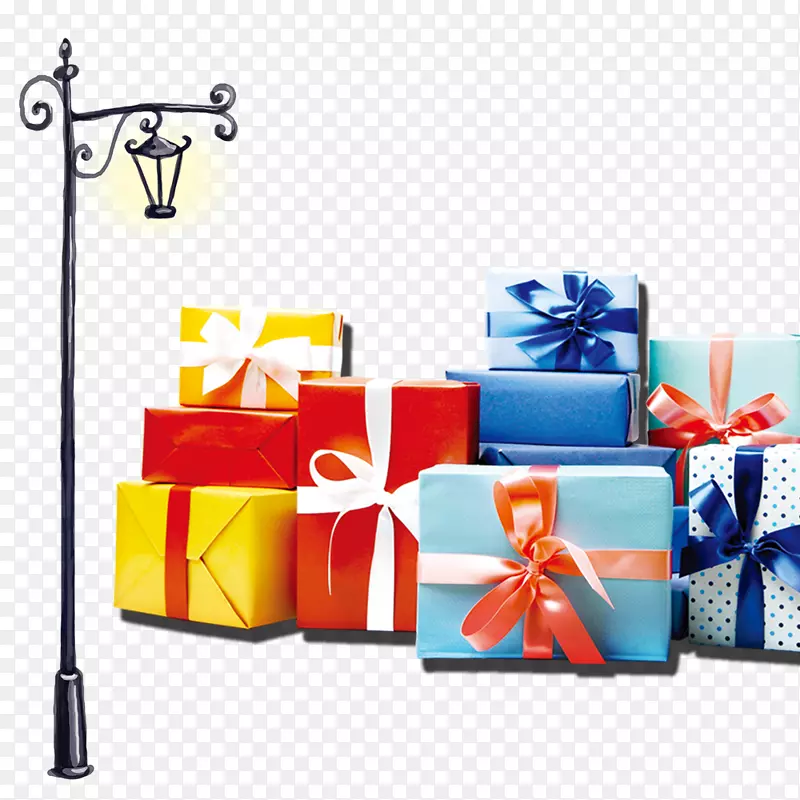 圣诞老人礼物圣诞彩带-灯柱及礼品盒