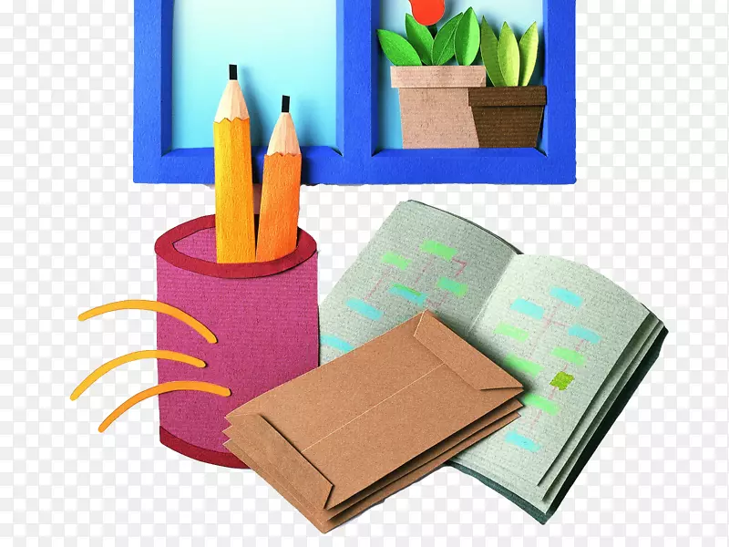 学校绘画图案-铅笔，信封，窗，折纸花盆
